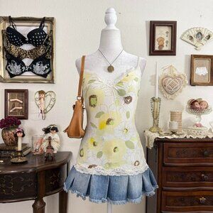 y2k boho girly grunge whimsical floral cami w lace trim